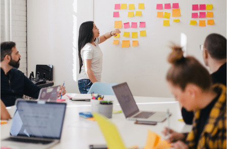 A meeting in a board meeting with young people let by a woman pointing at various colorful stickie notes.