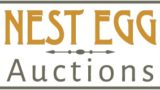 Nest egg auction logo. Nest egg text in gold, auction text in gray underneath an arrow icon separating the words.